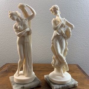 Stone Statues Pair with Marble Bases
